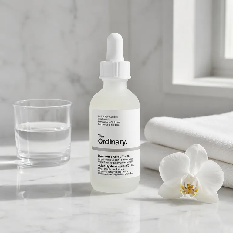 The Ordinary Hyaluronic Acid 2% + B5 Ceramides on white marble vanity