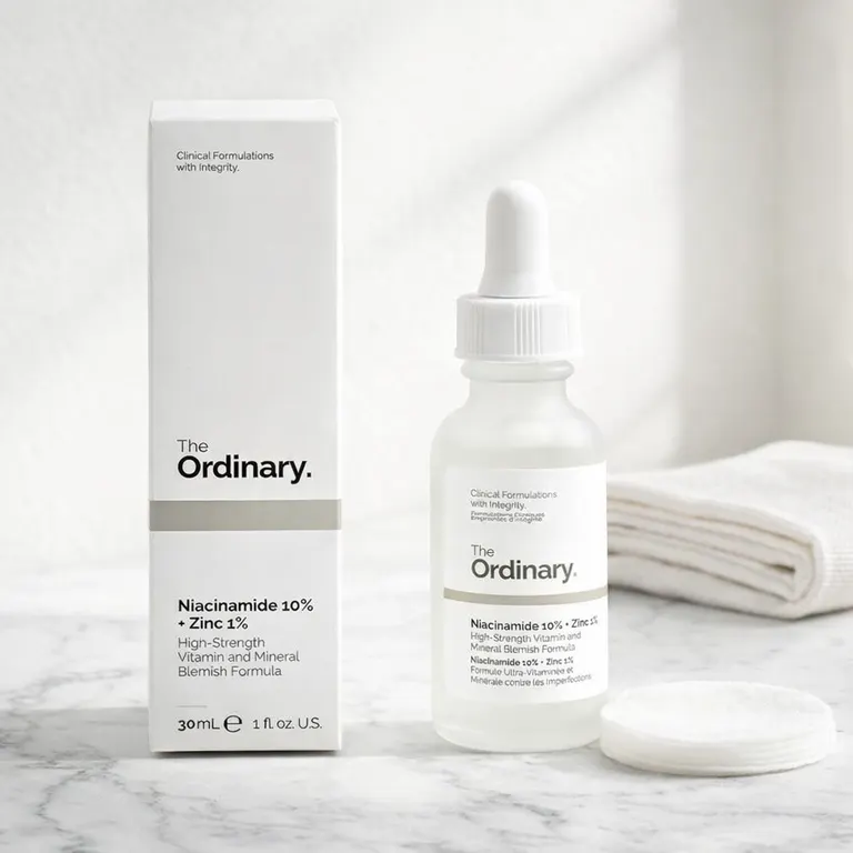 The Ordinary Niacinamide 10% + Zinc 1% Serum on white marble vanity