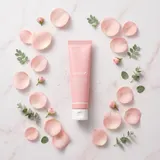 Medicube PDRN Pink Cream with pink flowers and water droplets