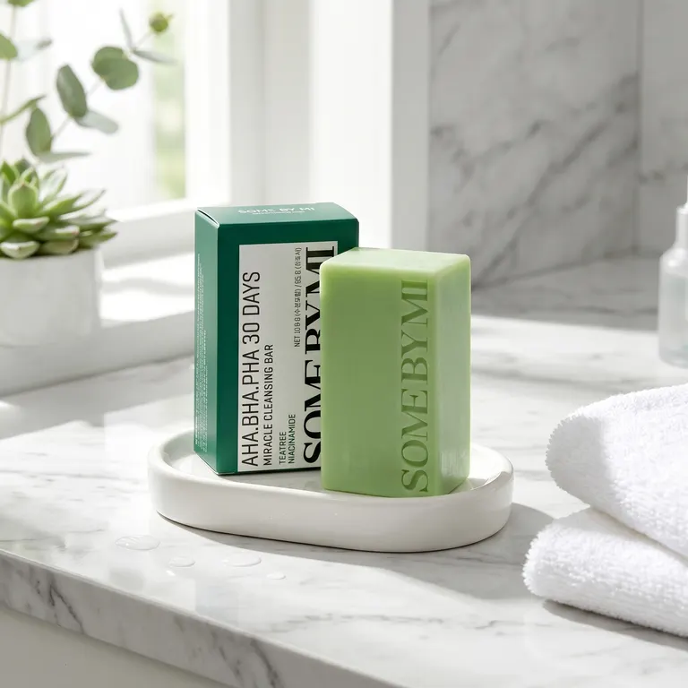 Some By Mi AHA BHA PHA Miracle Cleansing Bar on marble bathroom shelf