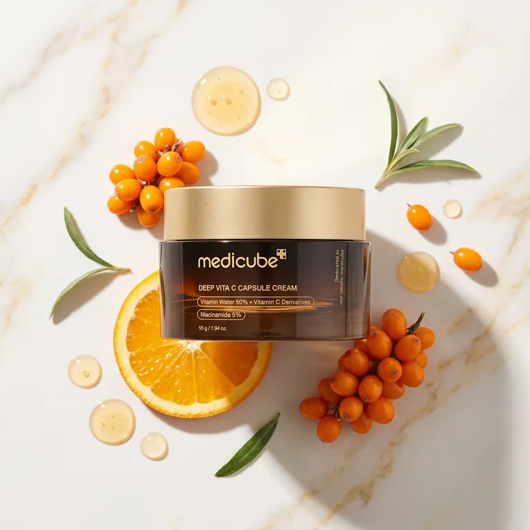 Medicube Vita C Cream with sea buckthorn berries and orange slices