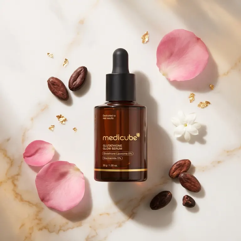 Medicube Glutathione Glow Serum with cocoa beans and pink flowers