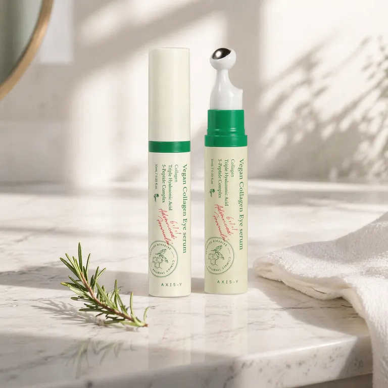 AXIS-Y Vegan Collagen Eye Serum on white marble vanity