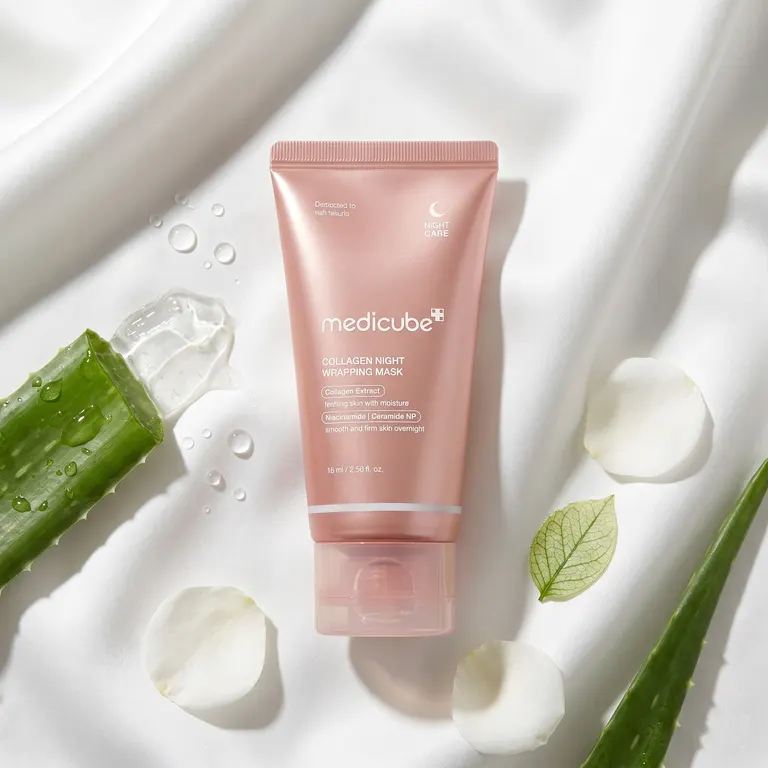 Medicube Collagen Night Mask with agave and white flowers