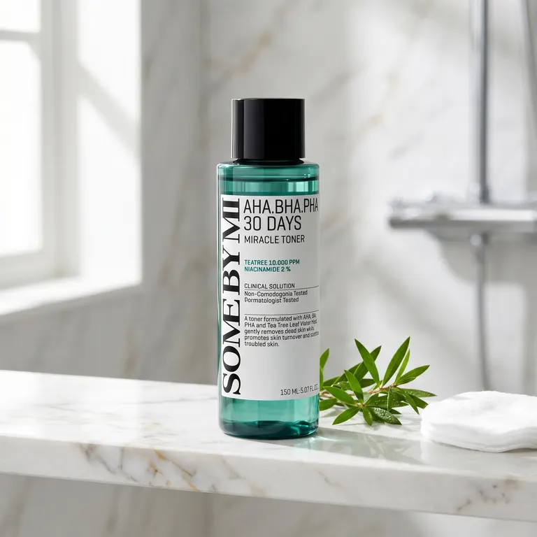Some By Mi AHA BHA PHA 30 Days Miracle Toner on white marble vanity