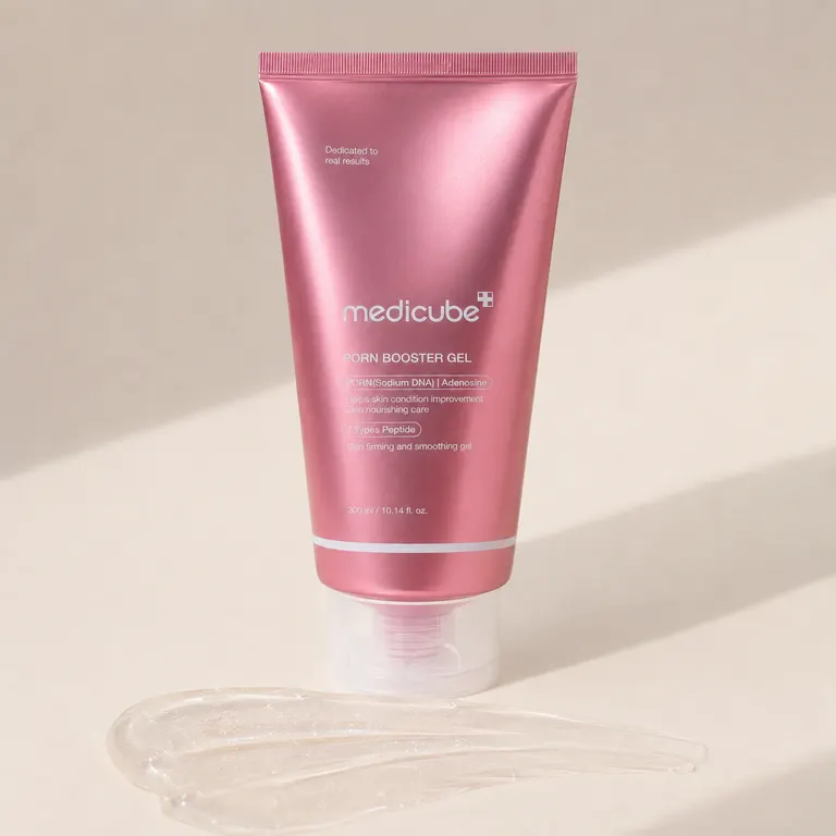 Medicube PDRN Booster Gel smooth clear gel texture swatched on skin