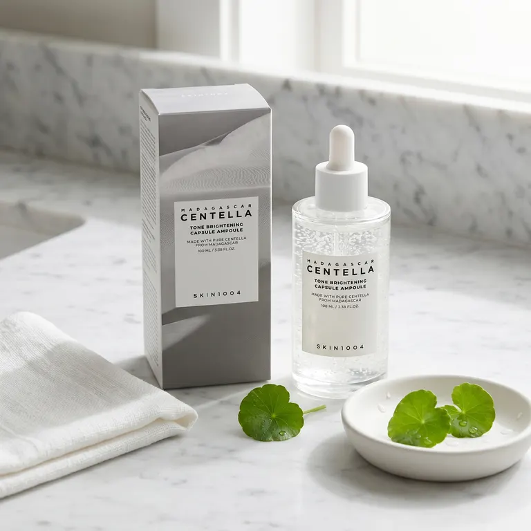 Skin1004 Centella Tone Brightening Capsule Ampoule on white marble vanity