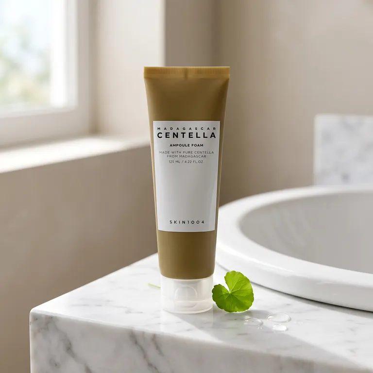 Skin1004 Madagascar Centella Ampoule Foam next to bathroom sink