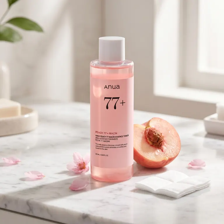 ANUA Peach 77 Niacin Essence Toner on white marble vanity with peach