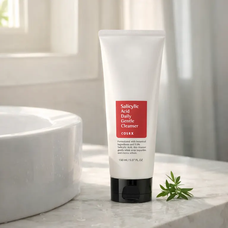 COSRX Salicylic Acid Daily Gentle Cleanser next to bathroom sink