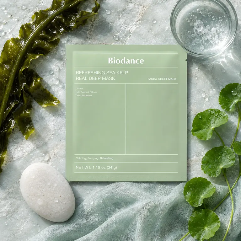 Biodance Sea Kelp Mask with kelp strands, sea water drops and marine botanicals