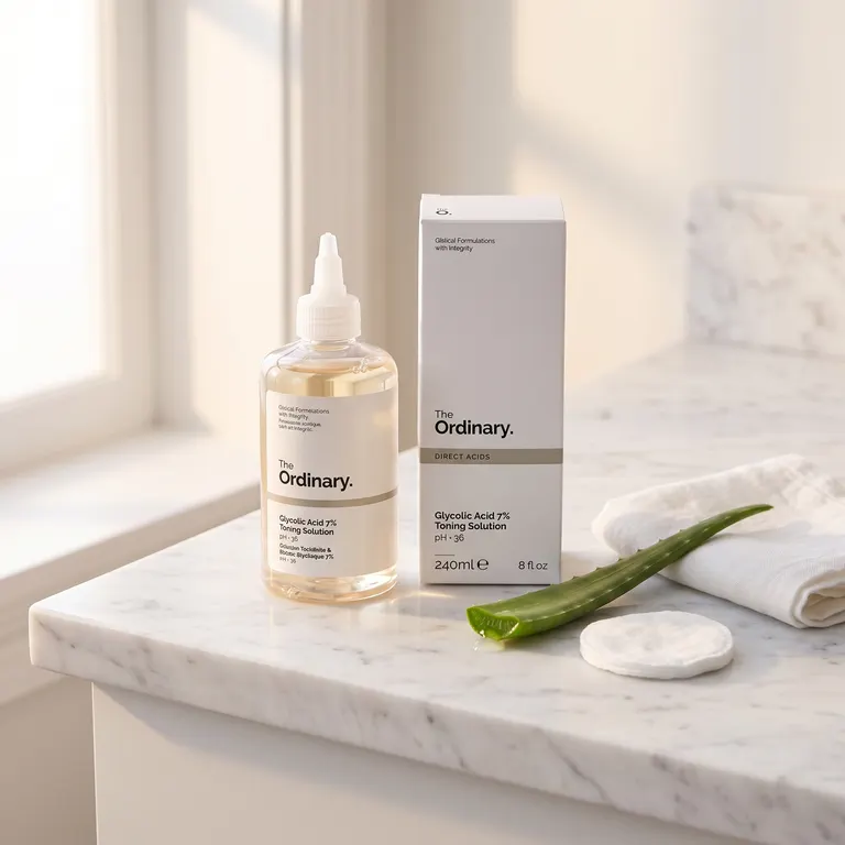 The Ordinary Glycolic Acid 7% Exfoliating Toner on white marble vanity