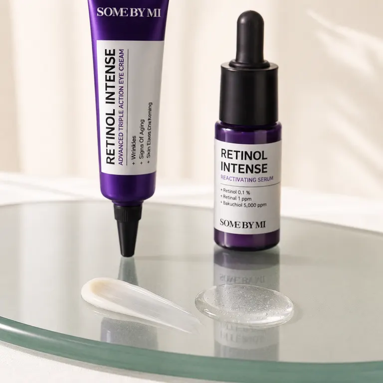 Some By Mi Retinol Intense Serum and Eye Cream creamy textures swatched on skin
