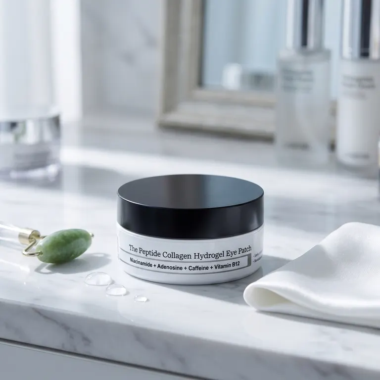 COSRX Peptide Collagen Hydrogel Eye Patch jar on white marble vanity