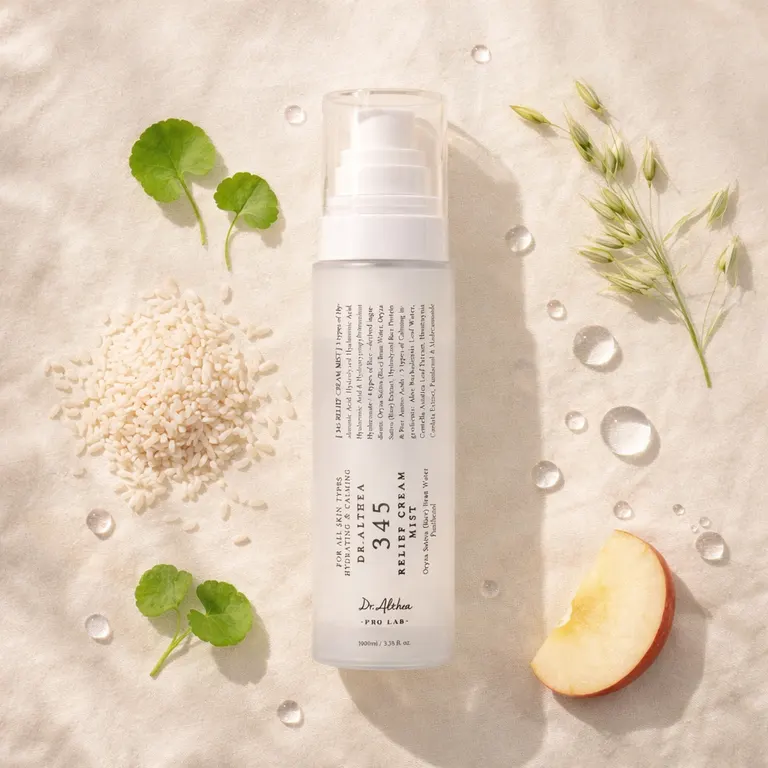Dr.Althea 345 Relief Cream Mist with rice grains, centella leaves and water droplets