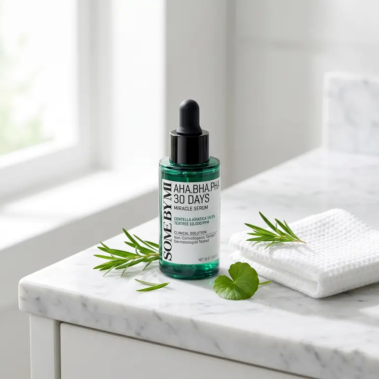 Some By Mi AHA BHA PHA 30 Days Miracle Serum on white marble vanity