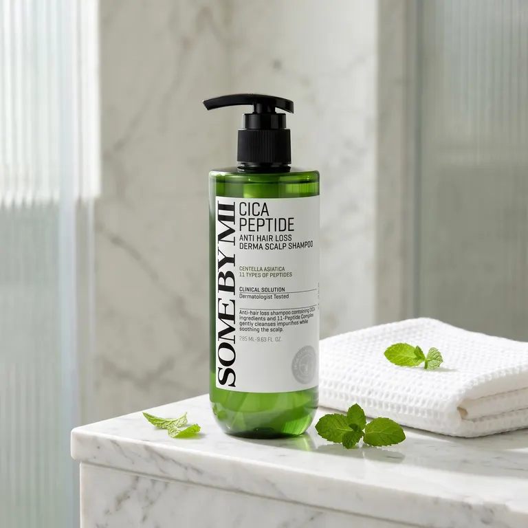 Some By Mi Cica Peptide Anti Hair Loss Shampoo on marble bathroom shelf